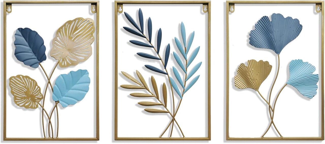 Iron Wall Sculptures - Large Set of 3 rectanglar Metal Wall Decor with Ginkgo Biloba Art Great for Home Hotel Decoration (Gold Blue)